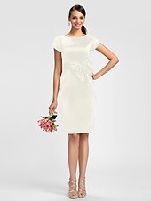 cheap Bridesmaid Dresses-Sheath / Column Bridesmaid Dress Jewel Neck Short Sleeve Knee Length Satin with Sash / Ribbon / Bow(s)