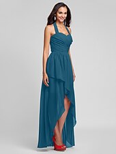 זול שמלות שושבינה-נשף / גזרת A קולר א-סימטרי / עד הריצפה שיפון שמלה לשושבינה  עם בד בהצלבה / תד נשפך