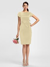 cheap Bridesmaid Dresses-Sheath / Column Bridesmaid Dress Jewel Neck Short Sleeve Knee Length Satin with Sash / Ribbon / Bow(s)