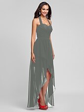 זול שמלות שושבינה-נשף / גזרת A קולר א-סימטרי / עד הריצפה שיפון שמלה לשושבינה  עם בד בהצלבה / תד נשפך