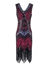 preiswerte 1920er Kleider-Goldene Zwanziger 1920er Knielang Kleid Flapper Kleid Halloween Kostüme Ärmellos Der große Gatsby Charleston Hochzeitsgast Pailletten Patchwork Bestickt V Ausschnitt Kostüm Damen Abschlussball