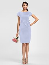 cheap Bridesmaid Dresses-Sheath / Column Bridesmaid Dress Jewel Neck Short Sleeve Knee Length Satin with Sash / Ribbon / Bow(s)