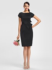 cheap Bridesmaid Dresses-Sheath / Column Bridesmaid Dress Jewel Neck Short Sleeve Knee Length Satin with Sash / Ribbon / Bow(s)