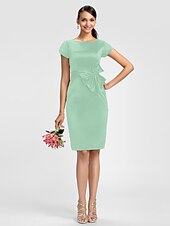cheap Bridesmaid Dresses-Sheath / Column Bridesmaid Dress Jewel Neck Short Sleeve Knee Length Satin with Sash / Ribbon / Bow(s)