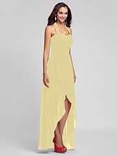 זול שמלות שושבינה-נשף / גזרת A קולר א-סימטרי / עד הריצפה שיפון שמלה לשושבינה  עם בד בהצלבה / תד נשפך