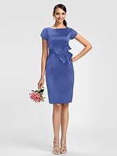 cheap Bridesmaid Dresses-Sheath / Column Bridesmaid Dress Jewel Neck Short Sleeve Knee Length Satin with Sash / Ribbon / Bow(s)