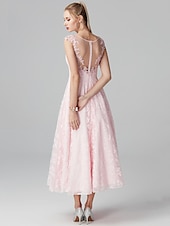 baratos Vestidos Baile Formatura-Linha A Vestidos de baile Floral Vestido Convidado do casamento Festa de Noite Até o Tornozelo Manga Curta Ilusão Decote Renda Zíper com Apliques 2024