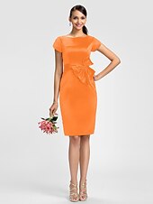 cheap Bridesmaid Dresses-Sheath / Column Bridesmaid Dress Jewel Neck Short Sleeve Knee Length Satin with Sash / Ribbon / Bow(s)