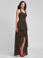 זול שמלות שושבינה-נשף / גזרת A קולר א-סימטרי / עד הריצפה שיפון שמלה לשושבינה  עם בד בהצלבה / תד נשפך