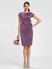 cheap Bridesmaid Dresses-Sheath / Column Bridesmaid Dress Jewel Neck Short Sleeve Knee Length Satin with Sash / Ribbon / Bow(s)