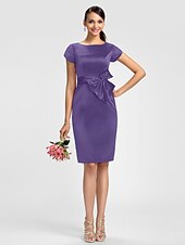 cheap Bridesmaid Dresses-Sheath / Column Bridesmaid Dress Jewel Neck Short Sleeve Knee Length Satin with Sash / Ribbon / Bow(s)