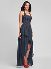 זול שמלות שושבינה-נשף / גזרת A קולר א-סימטרי / עד הריצפה שיפון שמלה לשושבינה  עם בד בהצלבה / תד נשפך