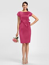cheap Bridesmaid Dresses-Sheath / Column Bridesmaid Dress Jewel Neck Short Sleeve Knee Length Satin with Sash / Ribbon / Bow(s)