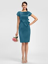 cheap Bridesmaid Dresses-Sheath / Column Bridesmaid Dress Jewel Neck Short Sleeve Knee Length Satin with Sash / Ribbon / Bow(s)