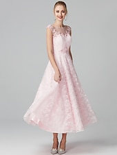 baratos Vestidos Baile Formatura-Linha A Vestidos de baile Floral Vestido Convidado do casamento Festa de Noite Até o Tornozelo Manga Curta Ilusão Decote Renda Zíper com Apliques 2024
