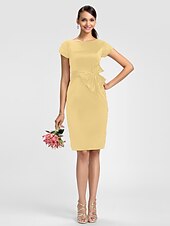cheap Bridesmaid Dresses-Sheath / Column Bridesmaid Dress Jewel Neck Short Sleeve Knee Length Satin with Sash / Ribbon / Bow(s)