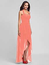 זול שמלות שושבינה-נשף / גזרת A קולר א-סימטרי / עד הריצפה שיפון שמלה לשושבינה  עם בד בהצלבה / תד נשפך