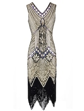 preiswerte 1920er Kleider-Goldene Zwanziger 1920er Knielang Kleid Flapper Kleid Halloween Kostüme Ärmellos Der große Gatsby Charleston Hochzeitsgast Pailletten Patchwork Bestickt V Ausschnitt Kostüm Damen Abschlussball