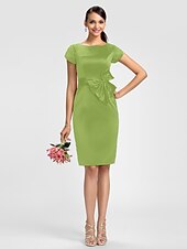 cheap Bridesmaid Dresses-Sheath / Column Bridesmaid Dress Jewel Neck Short Sleeve Knee Length Satin with Sash / Ribbon / Bow(s)