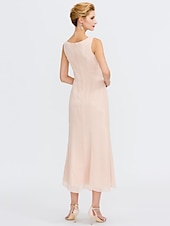 voordelige Met Jas-Strand Bruiloft Twee Delige Sheath Moeder van de Bruid Jurk Bruids Gast Elegante Plus Size Edelsteenhals Thee Lengte Chiffon Mouwloos Wrap Inbegrepen met Ceintuur  Riem Plooien Beading 2025