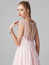 baratos Vestidos Baile Formatura-Linha A Vestidos de baile Floral Vestido Convidado do casamento Festa de Noite Até o Tornozelo Manga Curta Ilusão Decote Renda Zíper com Apliques 2024
