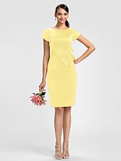 cheap Bridesmaid Dresses-Sheath / Column Bridesmaid Dress Jewel Neck Short Sleeve Knee Length Satin with Sash / Ribbon / Bow(s)