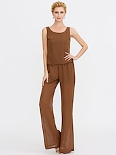 cheap Mom&#039;s Pant Suits-Jumpsuits Sheath Mother of the Bride  Formal Wedding Guest Elegant Two Piece Jumpsuits V Neck Floor Length Chiffon Sleeveless with Pleats 2025 free custom size