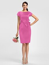 cheap Bridesmaid Dresses-Sheath / Column Bridesmaid Dress Jewel Neck Short Sleeve Knee Length Satin with Sash / Ribbon / Bow(s)