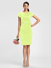 cheap Bridesmaid Dresses-Sheath / Column Bridesmaid Dress Jewel Neck Short Sleeve Knee Length Satin with Sash / Ribbon / Bow(s)