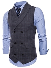 cheap Men&#039;s Vest-Men&#039;s Vest Waistcoat Business Wedding Party Active Smart Casual Spring Fall Polyester Plaid Double Breasted Shirt Collar Slim Brown Light Grey Dark Gray Vest