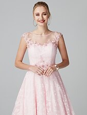 baratos Vestidos Baile Formatura-Linha A Vestidos de baile Floral Vestido Convidado do casamento Festa de Noite Até o Tornozelo Manga Curta Ilusão Decote Renda Zíper com Apliques 2024