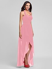 זול שמלות שושבינה-נשף / גזרת A קולר א-סימטרי / עד הריצפה שיפון שמלה לשושבינה  עם בד בהצלבה / תד נשפך