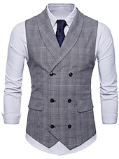 cheap Men&#039;s Vest-Men&#039;s Vest Waistcoat Business Wedding Party Active Smart Casual Spring Fall Polyester Plaid Double Breasted Shirt Collar Slim Brown Light Grey Dark Gray Vest