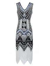 preiswerte 1920er Kleider-Goldene Zwanziger 1920er Knielang Kleid Flapper Kleid Halloween Kostüme Ärmellos Der große Gatsby Charleston Hochzeitsgast Pailletten Patchwork Bestickt V Ausschnitt Kostüm Damen Abschlussball
