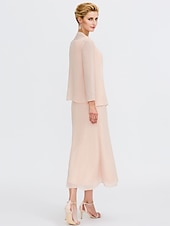 voordelige Met Jas-Strand Bruiloft Twee Delige Sheath Moeder van de Bruid Jurk Bruids Gast Elegante Plus Size Edelsteenhals Thee Lengte Chiffon Mouwloos Wrap Inbegrepen met Ceintuur  Riem Plooien Beading 2025