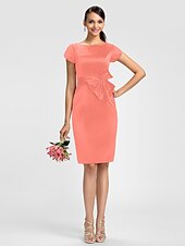 cheap Bridesmaid Dresses-Sheath / Column Bridesmaid Dress Jewel Neck Short Sleeve Knee Length Satin with Sash / Ribbon / Bow(s)