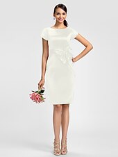 cheap Bridesmaid Dresses-Sheath / Column Bridesmaid Dress Jewel Neck Short Sleeve Knee Length Satin with Sash / Ribbon / Bow(s)