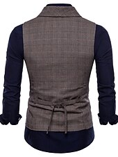 cheap Men&#039;s Vest-Men&#039;s Vest Waistcoat Business Wedding Party Active Smart Casual Spring Fall Polyester Plaid Double Breasted Shirt Collar Slim Brown Light Grey Dark Gray Vest
