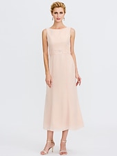 voordelige Met Jas-Strand Bruiloft Twee Delige Sheath Moeder van de Bruid Jurk Bruids Gast Elegante Plus Size Edelsteenhals Thee Lengte Chiffon Mouwloos Wrap Inbegrepen met Ceintuur  Riem Plooien Beading 2025