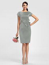cheap Bridesmaid Dresses-Sheath / Column Bridesmaid Dress Jewel Neck Short Sleeve Knee Length Satin with Sash / Ribbon / Bow(s)