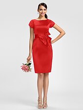 cheap Bridesmaid Dresses-Sheath / Column Bridesmaid Dress Jewel Neck Short Sleeve Knee Length Satin with Sash / Ribbon / Bow(s)