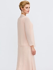 voordelige Met Jas-Strand Bruiloft Twee Delige Sheath Moeder van de Bruid Jurk Bruids Gast Elegante Plus Size Edelsteenhals Thee Lengte Chiffon Mouwloos Wrap Inbegrepen met Ceintuur  Riem Plooien Beading 2025