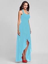 זול שמלות שושבינה-נשף / גזרת A קולר א-סימטרי / עד הריצפה שיפון שמלה לשושבינה  עם בד בהצלבה / תד נשפך