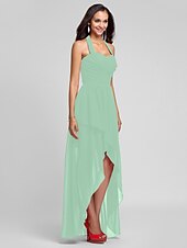 זול שמלות שושבינה-נשף / גזרת A קולר א-סימטרי / עד הריצפה שיפון שמלה לשושבינה  עם בד בהצלבה / תד נשפך