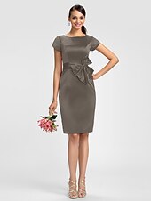 cheap Bridesmaid Dresses-Sheath / Column Bridesmaid Dress Jewel Neck Short Sleeve Knee Length Satin with Sash / Ribbon / Bow(s)