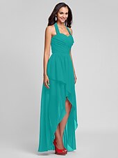 זול שמלות שושבינה-נשף / גזרת A קולר א-סימטרי / עד הריצפה שיפון שמלה לשושבינה  עם בד בהצלבה / תד נשפך