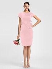 cheap Bridesmaid Dresses-Sheath / Column Bridesmaid Dress Jewel Neck Short Sleeve Knee Length Satin with Sash / Ribbon / Bow(s)
