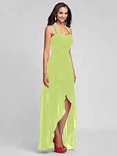 זול שמלות שושבינה-נשף / גזרת A קולר א-סימטרי / עד הריצפה שיפון שמלה לשושבינה  עם בד בהצלבה / תד נשפך