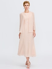voordelige Met Jas-Strand Bruiloft Twee Delige Sheath Moeder van de Bruid Jurk Bruids Gast Elegante Plus Size Edelsteenhals Thee Lengte Chiffon Mouwloos Wrap Inbegrepen met Ceintuur  Riem Plooien Beading 2025