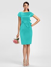 cheap Bridesmaid Dresses-Sheath / Column Bridesmaid Dress Jewel Neck Short Sleeve Knee Length Satin with Sash / Ribbon / Bow(s)
